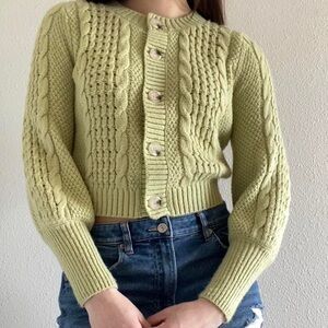 Cable Knit Button-Up Cardigan Sweater in Light Green